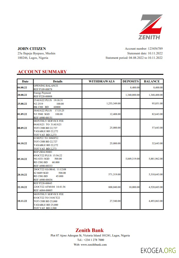 Relevé de la Zenith Bank du Nigéria xls